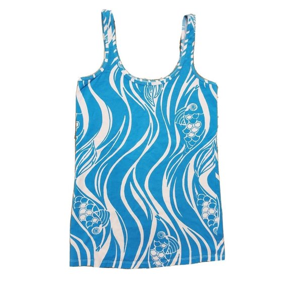 Lilly Pulitzer Women's Small Tank Blue White Fish Pattern Stretch Lightweight - Picture 1 of 11